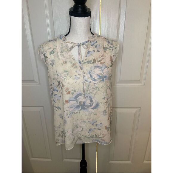 Rose & Olive Women's Floral‎ Sheer Blouse M Tie Neck Sleeveless - Picture 1 of 7